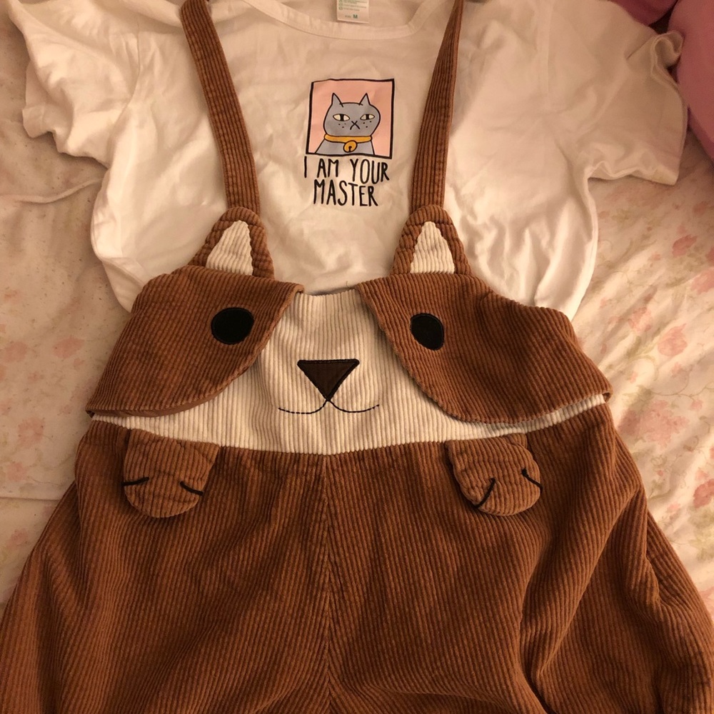 Kawaii corgi dog corduroys overall bloomers and cat shirt 2 pc set